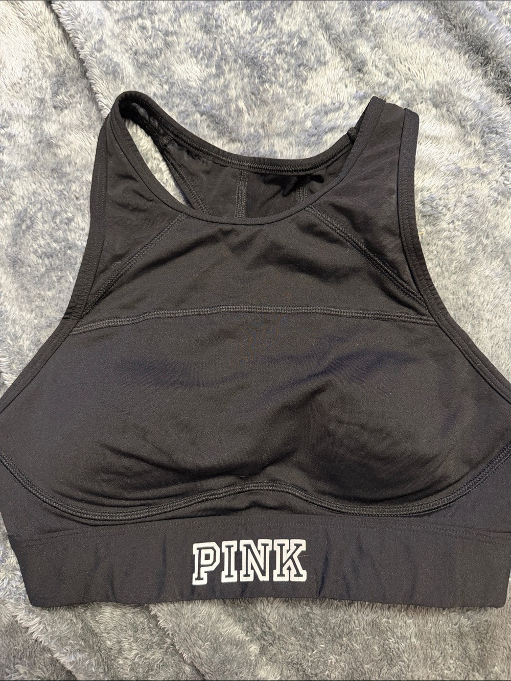 PINK Victoria's Secret Black High-Neck Racerback Sports Bra with Logo Band